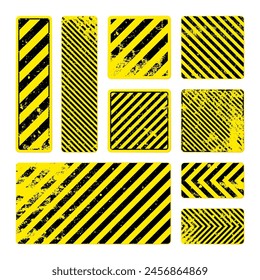 Various yellow grunge warning signs with diagonal lines. Old attention, danger or caution sign, construction site signage. Realistic notice signboard, warning banner, road shield. Vector illustration