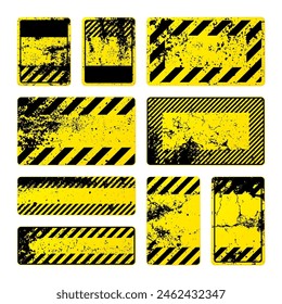 Various yellow grunge warning signs with diagonal lines. Old attention, danger or caution sign, construction site signage. Realistic notice signboard, warning banner, road shield. Vector illustration