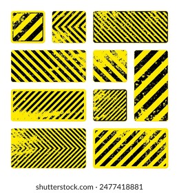 Various yellow grunge warning signs with diagonal lines. Old attention, danger or caution sign, construction site signage. Realistic notice signboard, warning banner, road shield. Vector illustration