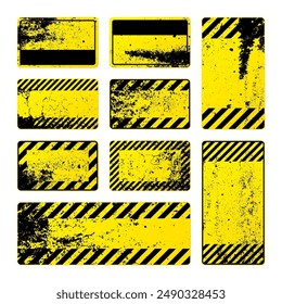 Various yellow grunge warning signs with diagonal lines. Old attention, danger or caution sign, construction site signage. Realistic notice signboard, warning banner, road shield. Vector illustration