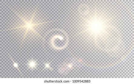 Various yellow light effects set. Big golden stars, shining spiral, small glares, rainbow halo. 