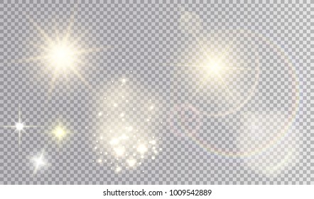 Various yellow light effects set. Suns with and withour flare trail, glistening fog, small  stars.