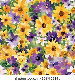 Various yellow and purple sunflowers with some daisies, watercolor seamless pattern , flower seamless pattern , doodle summer,  kids and baby designs for use as fabric or paper.