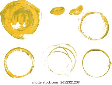 Various yellow round cup marks, paint stains and smears on isolated background, set
