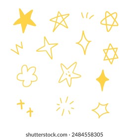 Various yellow star and sparkle doodle hand drawn for element and illustration