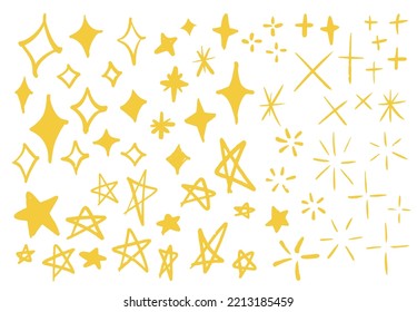 Various yellow stars, glitter, graffiti, hand drawn, cartoon, sketch