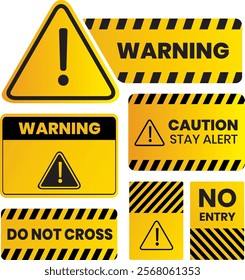 Various yellow warning signs Danger or caution sign Vector. Suitable for safety manuals, construction zones, industrial sites, road signage, or educational materials. 