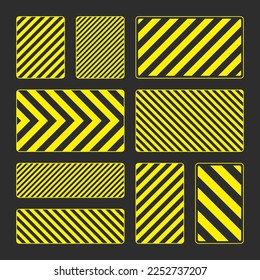 Various yellow warning signs with diagonal lines. Attention, danger or caution sign, construction site signage. Realistic notice signboard, warning banner, road shield. Vector illustration