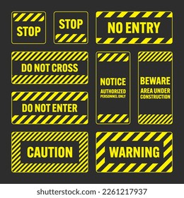 Various yellow warning signs with diagonal lines. Attention, danger or caution sign, construction site signage. Realistic notice signboard, warning banner, road shield. Vector illustration