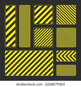 Various yellow warning signs with diagonal lines. Attention, danger or caution sign, construction site signage. Realistic notice signboard, warning banner, road shield. Vector illustration