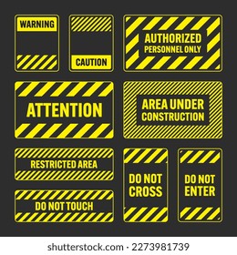 Various yellow warning signs with diagonal lines. Attention, danger or caution sign, construction site signage. Realistic notice signboard, warning banner, road shield. Vector illustration