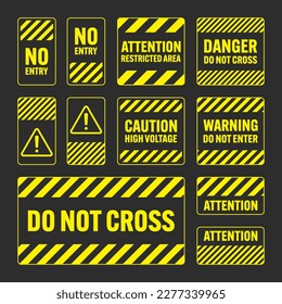 Various yellow warning signs with diagonal lines. Attention, danger or caution sign, construction site signage. Realistic notice signboard, warning banner, road shield. Vector illustration