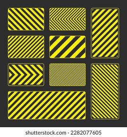 Various yellow warning signs with diagonal lines. Attention, danger or caution sign, construction site signage. Realistic notice signboard, warning banner, road shield. Vector illustration