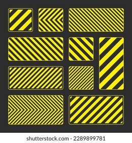 Various yellow warning signs with diagonal lines. Attention, danger or caution sign, construction site signage. Realistic notice signboard, warning banner, road shield. Vector illustration