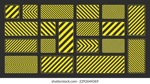 Various yellow warning signs with diagonal lines. Attention, danger or caution sign, construction site signage. Realistic notice signboard, warning banner, road shield. Vector illustration