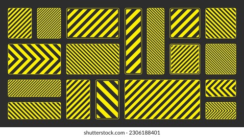 Various yellow warning signs with diagonal lines. Attention, danger or caution sign, construction site signage. Realistic notice signboard, warning banner, road shield. Vector illustration