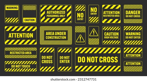 Various yellow warning signs with diagonal lines. Attention, danger or caution sign, construction site signage. Realistic notice signboard, warning banner, road shield. Vector illustration