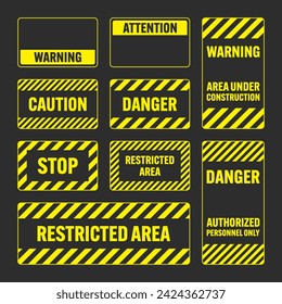 Various yellow warning signs with diagonal lines. Attention, danger or caution sign, construction site signage. Realistic notice signboard, warning banner, road shield. Vector illustration