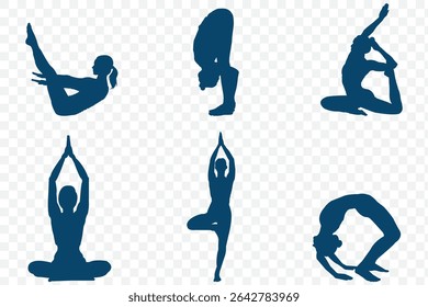 várias meninas de ioga posturas silhueta. Conjunto de design de ilustrações de silhueta vetorial isolado no fundo transparente. 