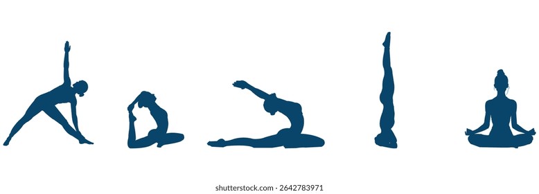 várias meninas de ioga posturas silhueta. Conjunto de design de ilustrações de silhueta vetorial isolado no fundo transparente. 