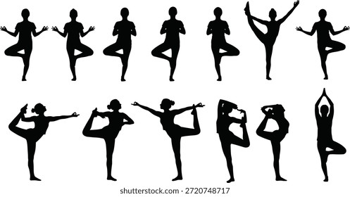 Varias poses de yoga para el equilibrio y la flexibilidad