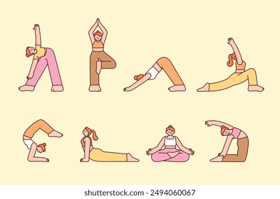 Various yoga poses. outline simple vector illustration.