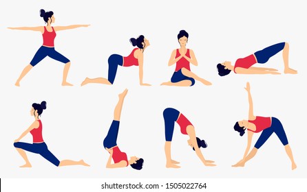 Various yoga poses set. Female yoga vector illustration. Healthy lifestyle.