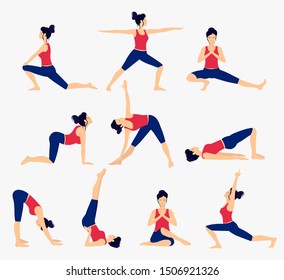 Various yoga poses set. Female yoga vector illustration. Healthy lifestyle.