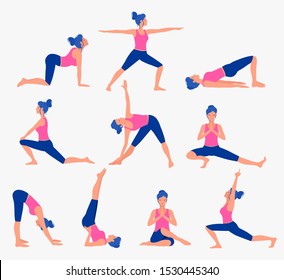 Various yoga poses set. Female yoga vector illustration. Healthy lifestyle.