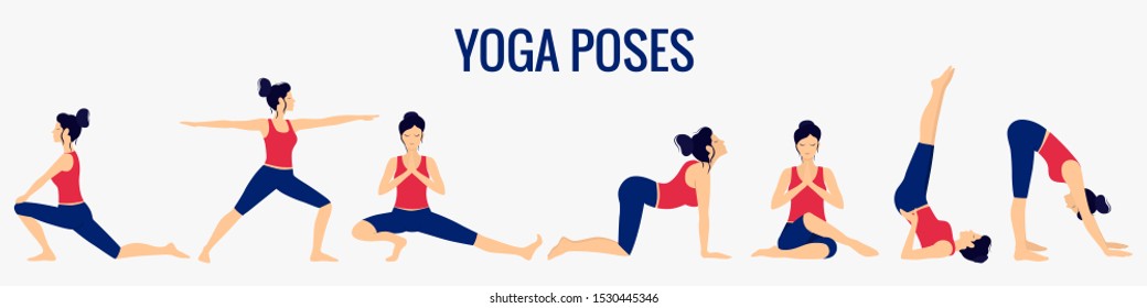 Various yoga poses set. Female yoga vector illustration. Healthy lifestyle.
