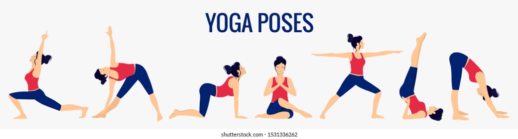 Various yoga poses set. Female yoga vector illustration. Healthy lifestyle.