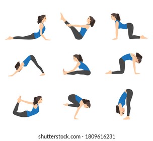 Various yoga poses set. Female yoga vector illustration. Healthy lifestyle.