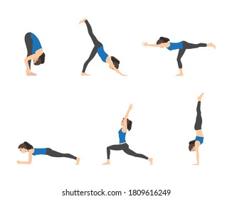 Various yoga poses set. Female yoga vector illustration. Healthy lifestyle.