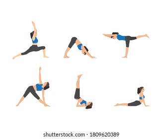 Various yoga poses set. Female yoga vector illustration. Healthy lifestyle.