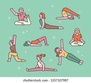 Various yoga postures. flat design style minimal vector illustration.