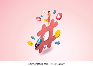 Various young people's hashtags using laptop and smartphones for sharing hashtags social communication, emoji icons, comment love. isometric vector illustration.