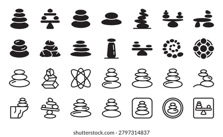 Various zen stone stack illustrations including balanced rock formations abstract designs and spiritual meditation objects for spa wellness and yoga branding projects