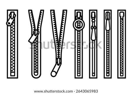 Various Zipper Styles Vector Line Art Collection for Clothing and Accessory Design