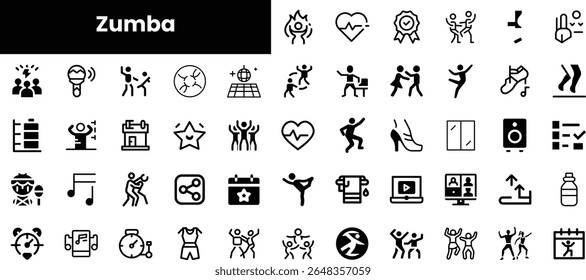 Various Zumba-themed icons showcasing fitness, dance, and fun activities, highlighting a vibrant culture around movement and health.