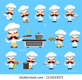 variouscute Pose of cook and Chef Flat Vector Illustration Design
