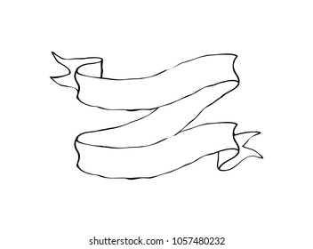 Variously shaped ribbon banner, thin line style design, vector illustration. Hand drawn sketch ink style. 