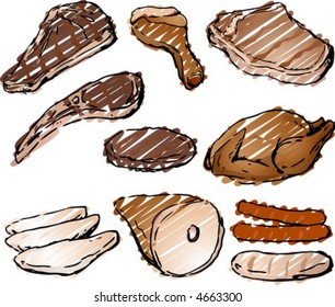 Varioust cuts of cooked meat hand-drawn lineart sketchy look rough sketchy coloring