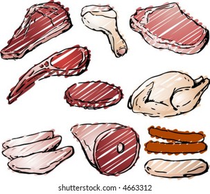 Varioust cuts of raw meat hand-drawn lineart sketch look rough sketchy coloring