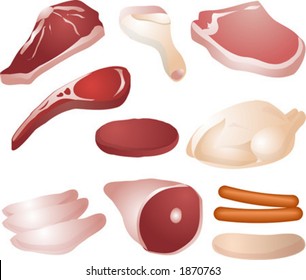 Varioust cuts of raw meat: steak, drumstick, pork chop, lamb chop, burger, whole chicken / poultry, chicken breast, mutton leg, sausages. Vector illustration; raster version is also available.