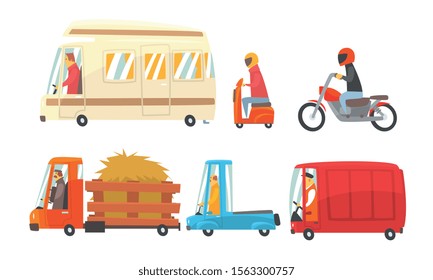 Variuos Funny Cartoon Vehicles On The Road Vector Illustration Set Isolated On White Background