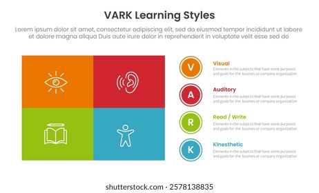 VARK learning styles infographic 4 point stage template with matrix structure big union square shape and circle point stack for slide presentation vector