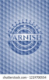 Varnish blue badge with geometric background.