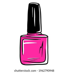 Varnish bottle. Pink nail polish. Manicure. Cartoon style. Vector illustration for design and decoration.