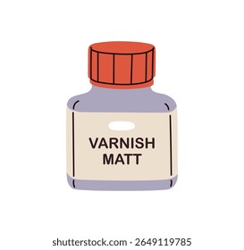 Varnish matt bottle. Closed container, jar with matte liquid for finishing, coating surface in art, craft, DIY and woodwork. Plastic package. Flat vector illustration isolated on white background