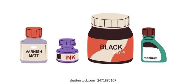 Varnish matt, ink, acrylic paint in jars set. Art and calligraphy substances in bottles. Drawing supplies. Liquid materials for craft. Flat graphic vector illustrations isolated on white background